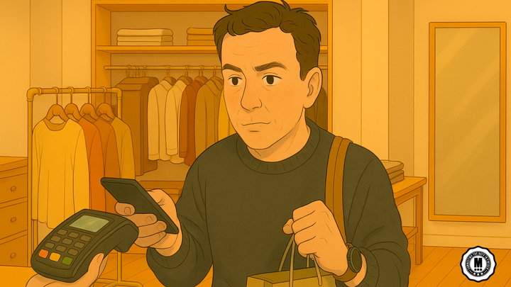 A representation of a payment made with a digital gift card from a mobile phone to a POS machine